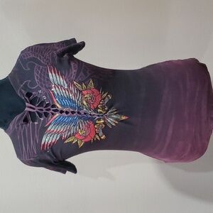 Affliction black label eagle wing jewelled t shirt burgandy black distressed